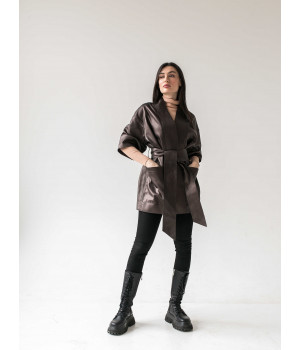 Стильна куртка-кімоно із натуральної шкіри коричневого кольору - фото 0