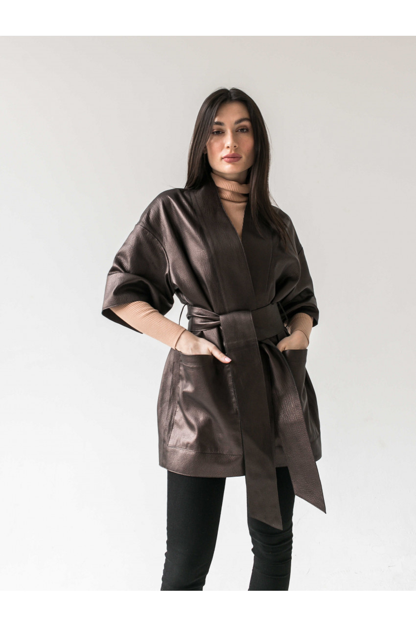 Стильна куртка-кімоно із натуральної шкіри коричневого кольору - фото 0