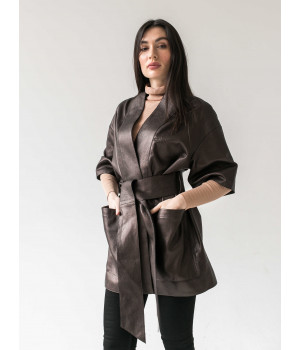 Стильна куртка-кімоно із натуральної шкіри коричневого кольору - фото 6