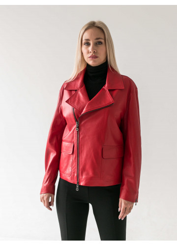 Класична куртка-косуха червоного кольору з натуральної шкіри - фото 1