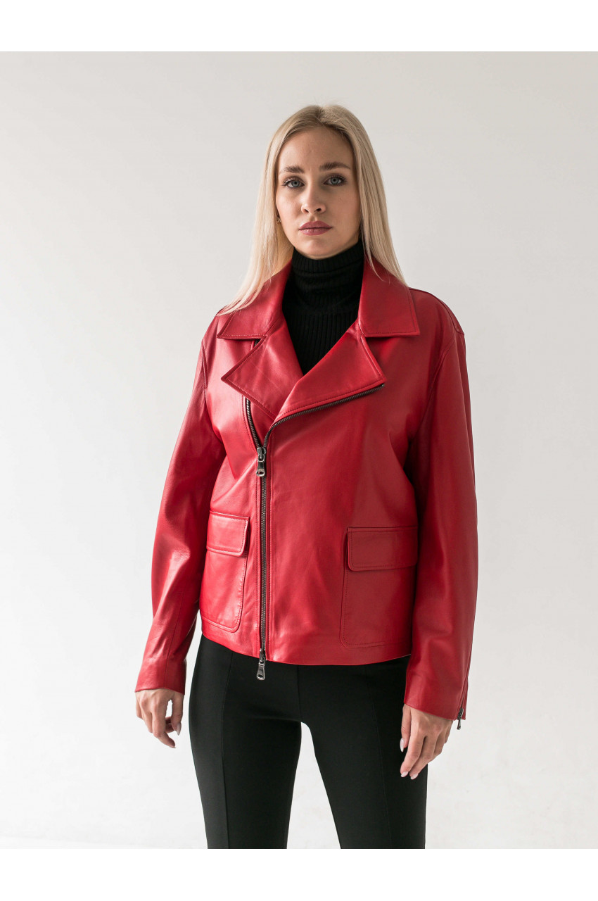 Класична куртка-косуха червоного кольору з натуральної шкіри - фото 0