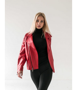Класична куртка-косуха червоного кольору з натуральної шкіри - фото 6