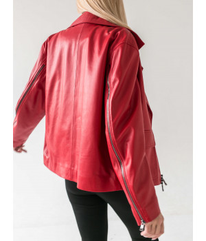 Класична куртка-косуха червоного кольору з натуральної шкіри - фото 3