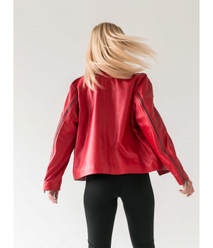 Класична куртка-косуха червоного кольору з натуральної шкіри - фото 2