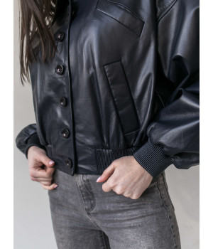 Жіноча куртка-бомбер темно-синього кольору з натуральної шкіри - фото 0