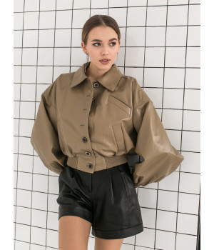 Жіноча куртка-бомбер бежевого кольору з натуральної шкіри - фото 4