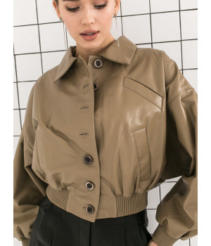Жіноча куртка-бомбер бежевого кольору з натуральної шкіри - фото 0