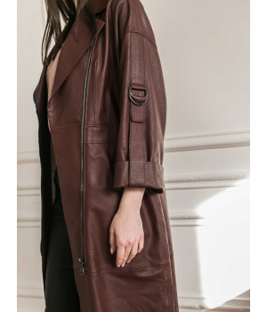 Пальто жіноче з натуральної шкіри шоколадного кольору в стилі OWERSIZE - фото 5