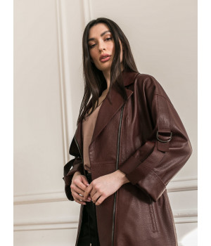 Женское пальто из натуральной кожи шоколадного цвета в стиле OWERSIZE - фото 6