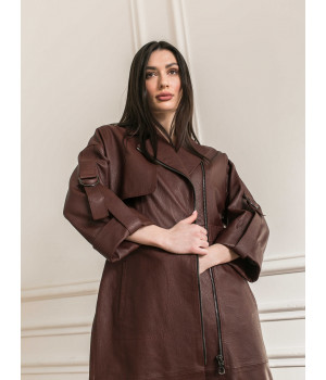 Женское пальто из натуральной кожи шоколадного цвета в стиле OWERSIZE - фото 7