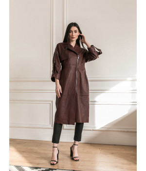 Женское пальто из натуральной кожи шоколадного цвета в стиле OWERSIZE - фото 9