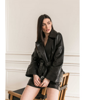 Жіноча куртка із натуральної шкіри чорного кольору в стилі OWERSIZE - фото 9