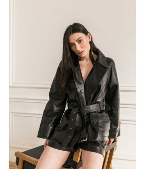 Жіноча куртка із натуральної шкіри чорного кольору в стилі OWERSIZE - фото 8