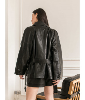 Жіноча куртка із натуральної шкіри чорного кольору в стилі OWERSIZE - фото 1