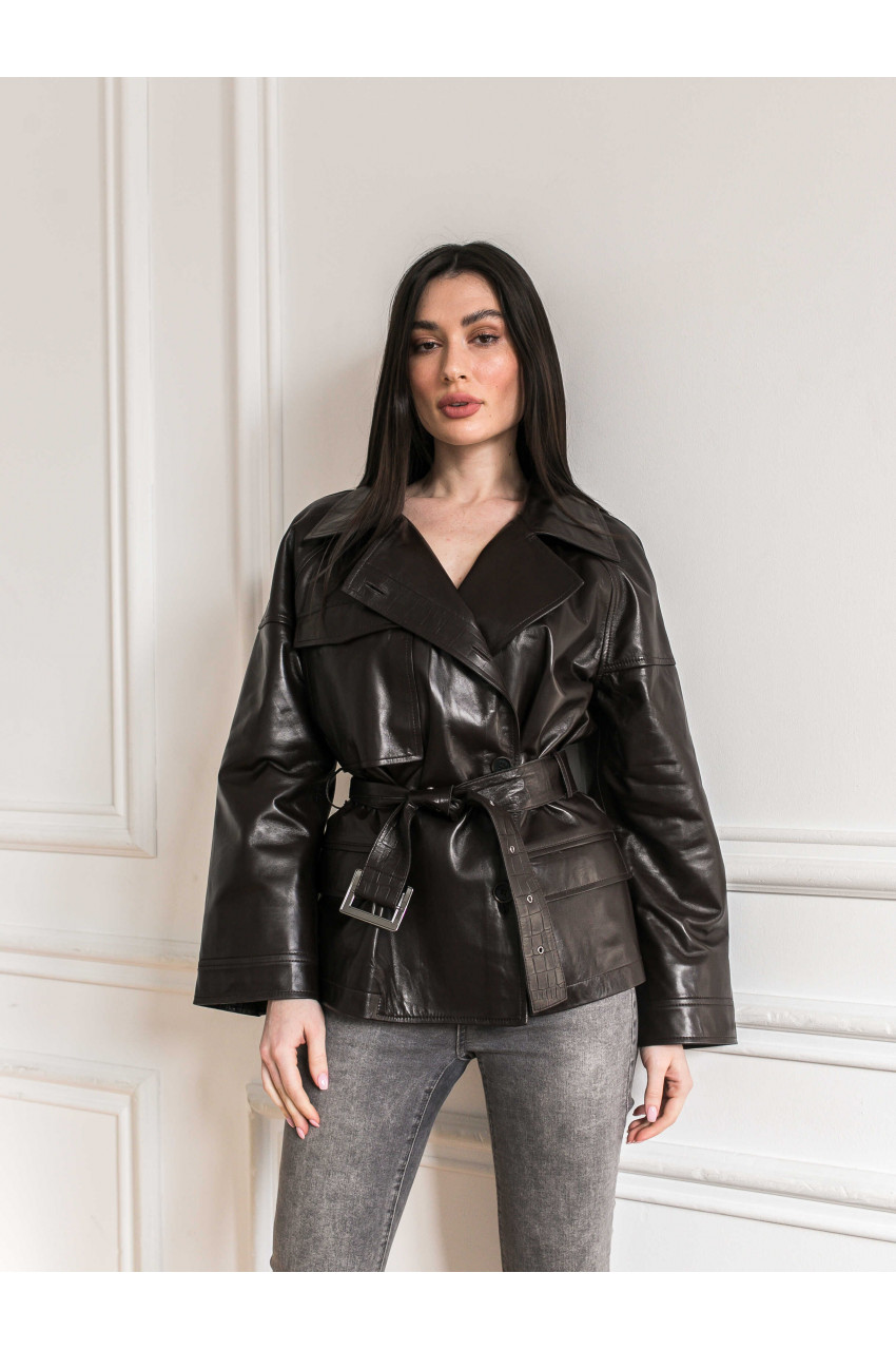 Жіноча куртка із натуральної шкіри чорного кольору в стилі OWERSIZE - фото 0