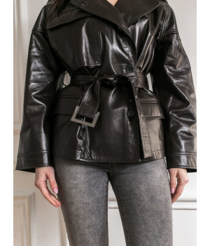 Жіноча куртка із натуральної шкіри чорного кольору в стилі OWERSIZE - фото 14