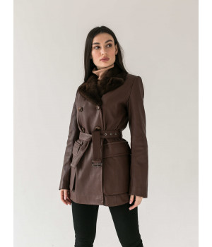Женская куртка шоколадного цвета из натуральной кожи с норковым воротником - фото 5