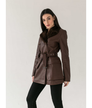 Жіноча куртка шоколадного кольору з натуральної шкіри з норковим коміром - фото 7