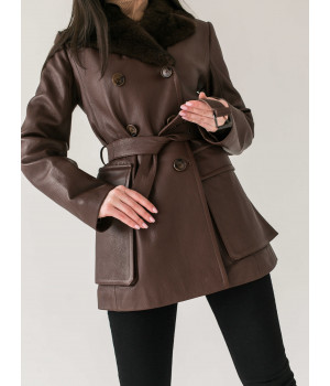 Женская куртка шоколадного цвета из натуральной кожи с норковым воротником - фото 1