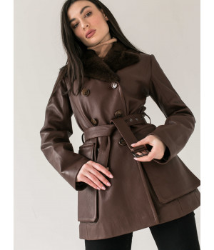 Женская куртка шоколадного цвета из натуральной кожи с норковым воротником - фото 6