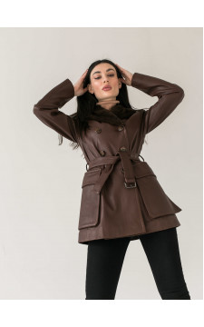 Женская куртка шоколадного цвета из натуральной кожи с норковым воротником - фото 1