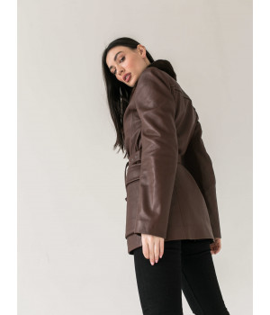 Жіноча куртка шоколадного кольору з натуральної шкіри з норковим коміром - фото 8
