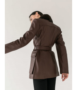 Жіноча куртка шоколадного кольору з натуральної шкіри з норковим коміром - фото 3