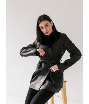 Жіноча куртка чорного кольору з натуральної шкіри з норковим коміром - фото 7