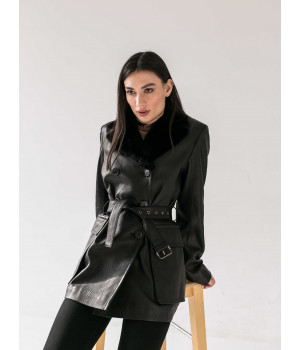 Жіноча куртка чорного кольору з натуральної шкіри з норковим коміром - фото 8
