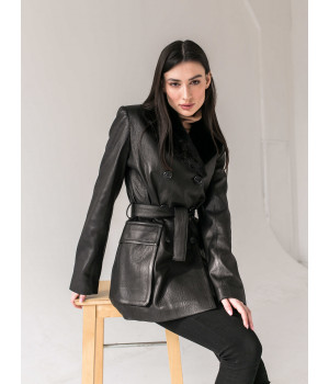 Жіноча куртка чорного кольору з натуральної шкіри з норковим коміром - фото 6