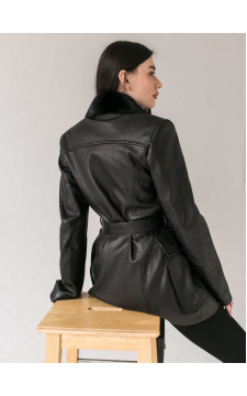 Женская куртка чёрного цвета из натуральной кожи с норковым воротником - фото 1