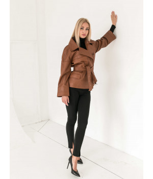 Жіноча шкіряна куртка коричневого кольору - фото 6
