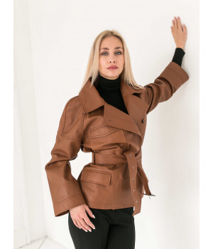 Жіноча шкіряна куртка коричневого кольору - фото 5