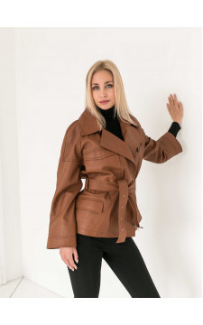 Жіноча шкіряна куртка коричневого кольору - фото 1