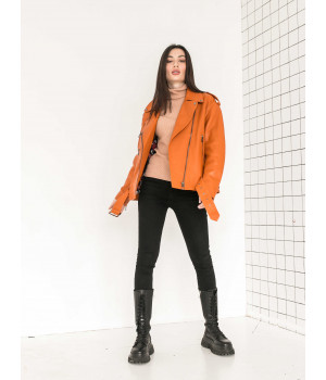 Стильна куртка-косуха оранжевого кольору з натуральної шкіри - фото 8