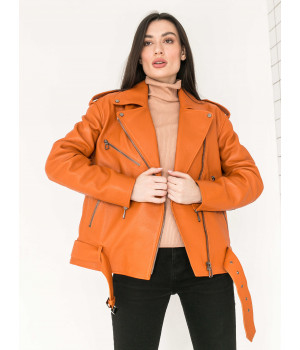Стильна куртка-косуха оранжевого кольору з натуральної шкіри - фото 7