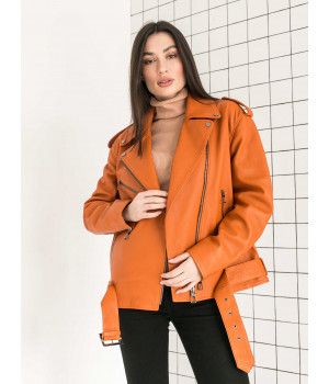 Стильна куртка-косуха оранжевого кольору з натуральної шкіри - фото 5