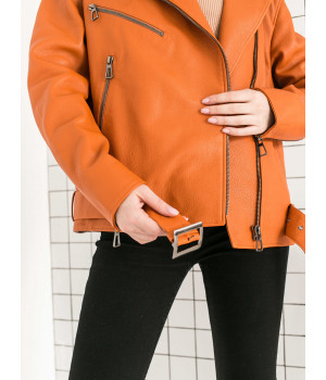 Стильна куртка-косуха оранжевого кольору з натуральної шкіри - фото 4
