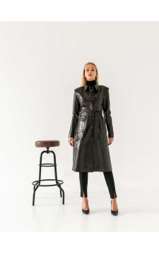 Женское пальто из натуральной кожи чёрного цвета - фото 1