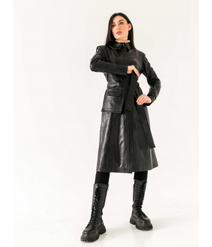 Пальто жіноче з натуральної шкіри чорного кольору - фото 0