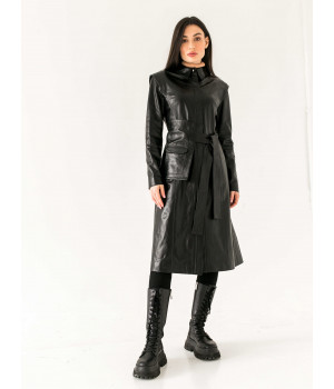 Пальто жіноче з натуральної шкіри чорного кольору - фото 14