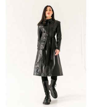 Пальто жіноче з натуральної шкіри чорного кольору - фото 8
