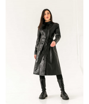 Пальто жіноче з натуральної шкіри чорного кольору - фото 6