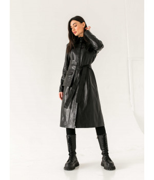 Пальто жіноче з натуральної шкіри чорного кольору - фото 7