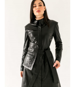 Пальто жіноче з натуральної шкіри чорного кольору - фото 2