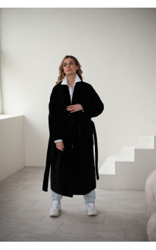 Довга жіноча дублянка-пальто чорного кольору з натуральної овчини. - фото 1