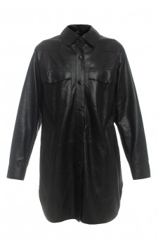 Жіноча куртка-сорочка з натуральної шкіри чорного кольору - фото 1