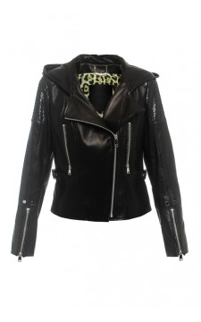 Классическая куртка-косуха чёрного цвета с отделкой из кожи питона  - фото 1