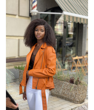 Стильна куртка-косуха оранжевого кольору з натуральної шкіри - фото 10