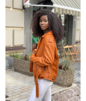 Стильна куртка-косуха оранжевого кольору з натуральної шкіри - фото 2